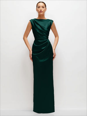Evergreen satin maxi dress, sleeveless high neckline, ruched drape at waist
