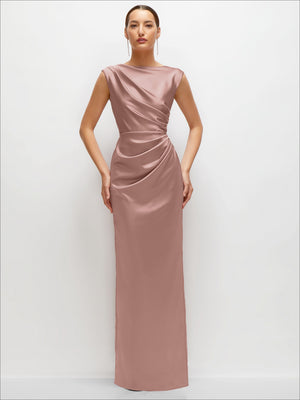 Blush pink satin high-neck sleeveless cap-shoulder maxi dress with ruched waist twist