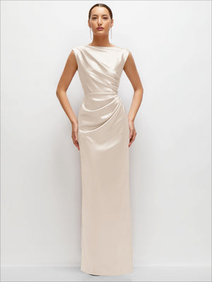 Ivory satin high-neck sleeveless cap-shoulder maxi dress with ruched waist drape