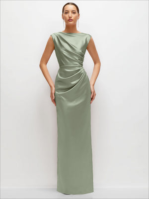 Sage satin maxi dress, high neck sleeveless cap shoulders, draped bodice