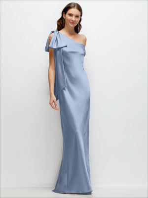 Satin one-shoulder maxi dress in light blue with cascading shoulder bow