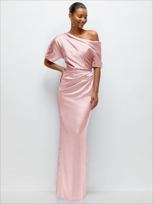 Asymmetrical off-the-shoulder satin maxi dress in ballet pink, draped waist pleats