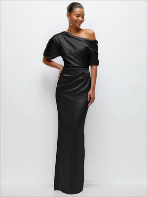 Black satin maxi dress, asymmetrical off-shoulder neckline and draped pleats