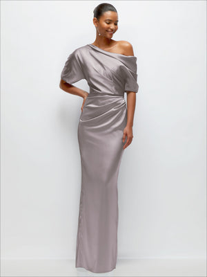 Gray satin maxi dress with asymmetrical off-the-shoulder neckline and pleated waist drape