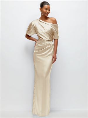 Cream satin off-the-shoulder pleated maxi dress with short sleeves and side slit