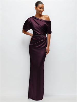 Plum satin maxi dress with asymmetrical off-the-shoulder neckline and pleated waist