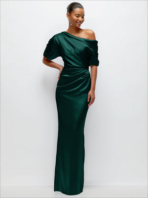 Asymmetrical off-the-shoulder pleated satin maxi dress, deep green, front draped waist