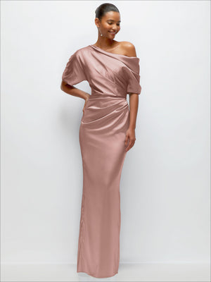 Ballet pink satin maxi dress, asymmetrical off-shoulder with side drape