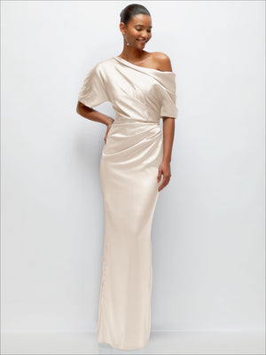 Champagne satin maxi dress, asymmetrical off-shoulder with pleated drape