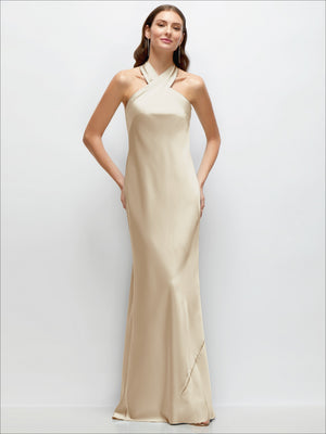 Pleated halter bias satin maxi dress in champagne, sleeveless with subtle side drape