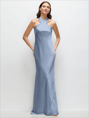 Light blue satin halter maxi dress with pleated bias drape and halter neckline