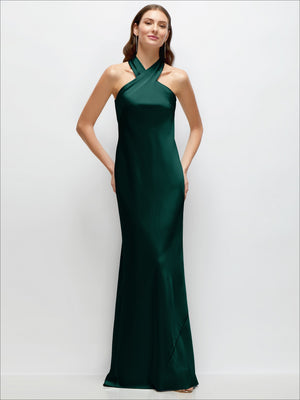 Pleated halter satin maxi dress in deep green, bias cut with self-tie bow back