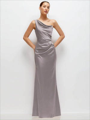 One-shoulder satin maxi dress in light gray, draped bodice and fitted waist