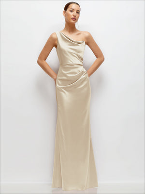 One-shoulder satin fit-and-flare maxi dress in champagne cream, draped cat-eye neckline