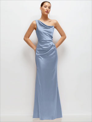 Powder blue one-shoulder satin maxi dress with cat-eye neckline, fitted bodice, flare