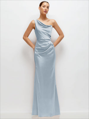 Powder blue one-shoulder satin maxi dress with cat-eye neckline, fitted waist, flare
