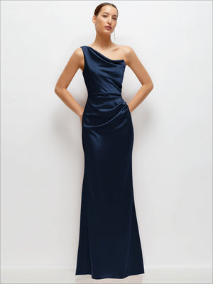 One-shoulder satin maxi dress in dark blue, cowl neckline and sleek fitted skirt