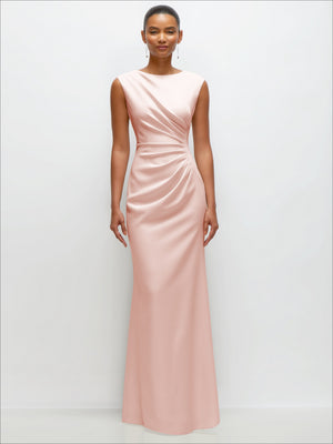 Blush sleeveless maxi dress with cap shoulders and side ruched, trumpet skirt
