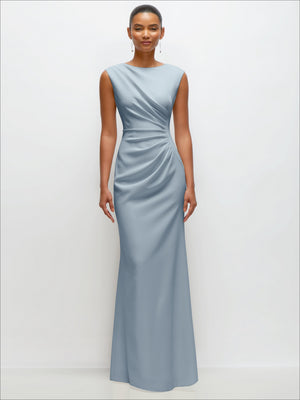 Light blue sleeveless maxi dress with cap shoulders, draped waist, trumpet skirt
