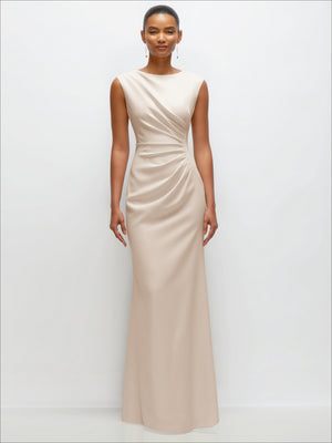 Ivory sleeveless maxi dress with cap shoulders, draped waist, trumpet skirt