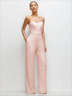 Strapless corset crepe jumpsuit in blush pink with wide-leg pants