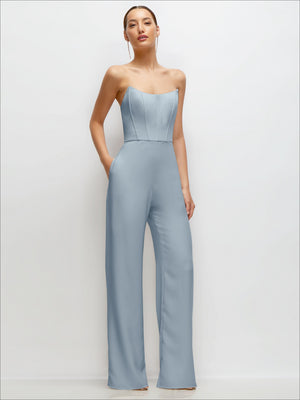 Strapless corset jumpsuit in light blue, wide-leg crepe with structured bodice