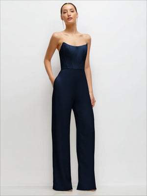 Strapless corset jumpsuit in dark navy with wide neckline and long flared pant legs