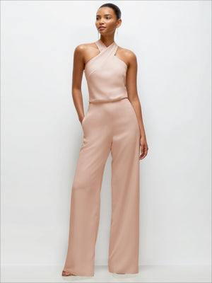 Blush sleeveless halter crepe jumpsuit with wide-leg pants and smooth pleated bodice