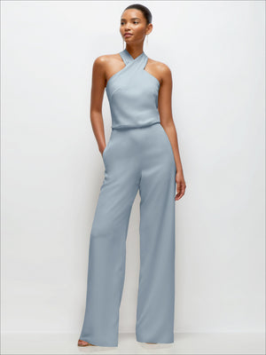 Pleated halter crepe wedding jumpsuit, pale blue wide-leg, sleeveless halter neckline