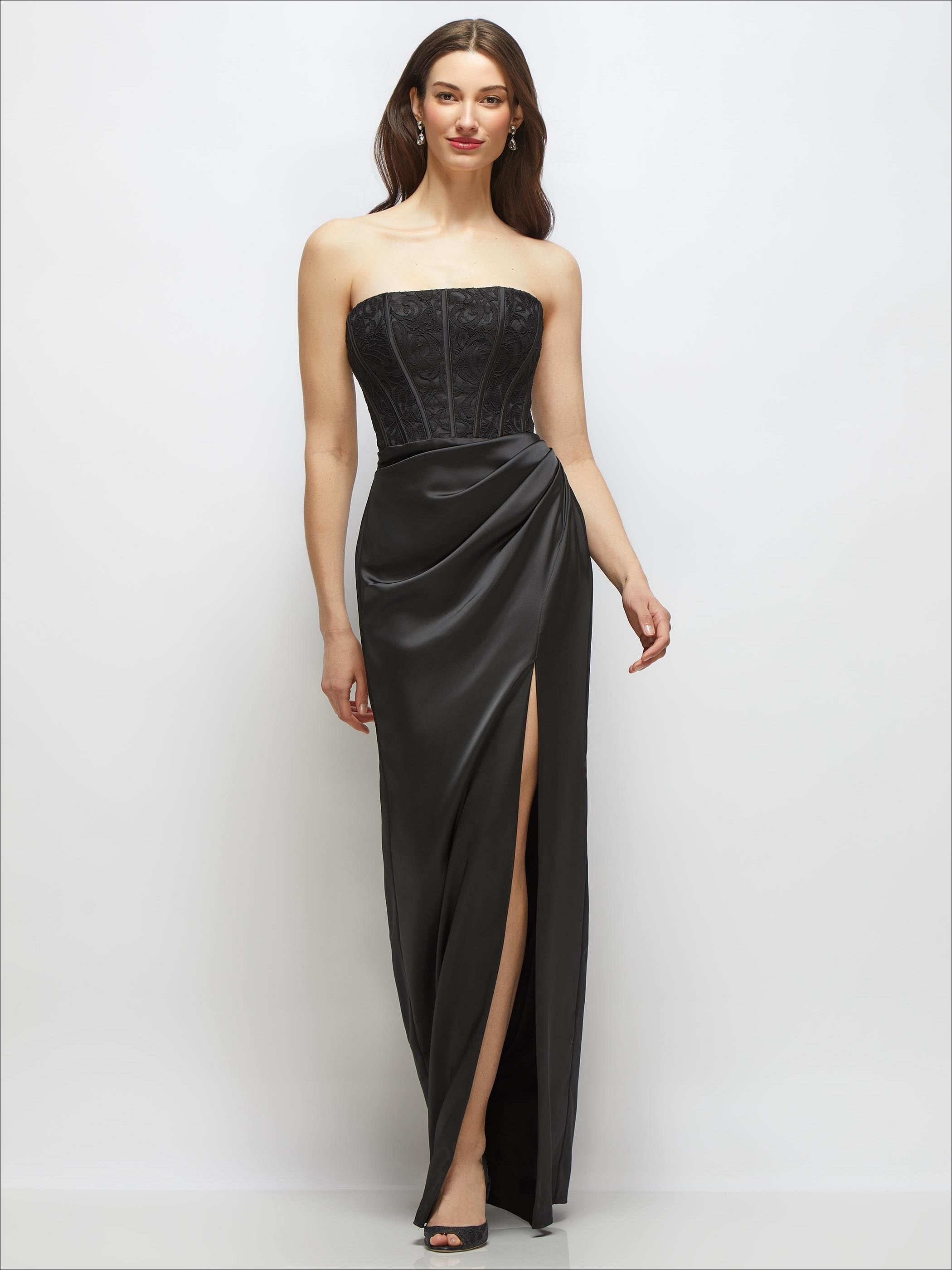 Strapless Lace and Satin Corset Maxi Dress with Draped Column Skirt