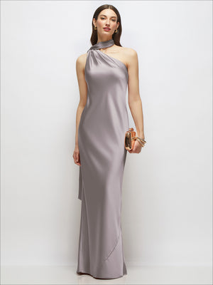 Champagne draped one-shoulder satin maxi dress with long side sash detail