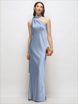 Light blue one-shoulder draped satin maxi dress with long side drape