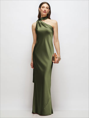 Draped one-shoulder satin maxi dress in olive green, sleeveless with draped side sash