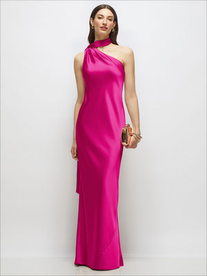 Draped Scarf One-Shoulder Bias Stretch Satin Maxi Dress