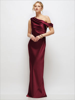 One-shoulder draped bias satin maxi dress in deep burgundy, sleeveless, side slit