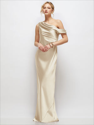 Champagne one-shoulder satin maxi dress with draped cowl at the shoulder
