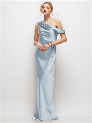 Draped one-shoulder satin maxi dress in light powder blue, draped neckline and long hem