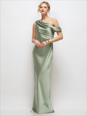 Draped one-shoulder satin maxi dress in light olive green, draped bodice and long skirt