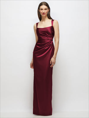 Burgundy satin maxi dress with scoop neckline, draped ruched column, sleeveless