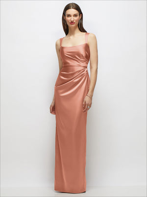 Rose-copper satin maxi dress, scoop neck drape, sleeveless column silhouette