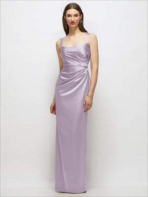 Lavender satin maxi dress, scoop neckline, draped column silhouette, sleeveless