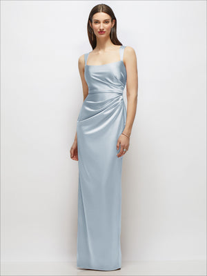 Light blue satin maxi dress with scoop neckline, draped bodice, and thin shoulder straps