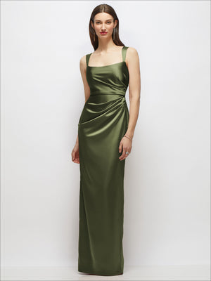 Olive satin maxi dress, scoop neck drape, sleeveless column silhouette