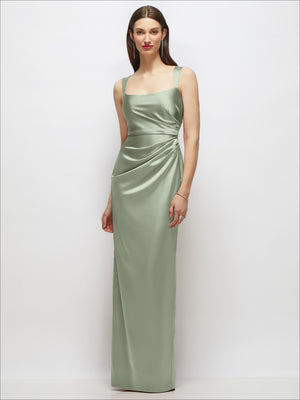 Sage green satin maxi dress with scoop neckline, draped bodice, and thin spaghetti straps