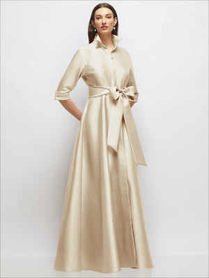 Ivory satin shirt dress gown with 3/4 sleeves, waist sash bow, jeweled buttons