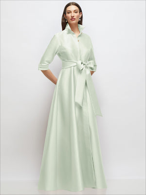 Satin shirt dress with sash and jeweled button front, mint green, 3/4 sleeves.