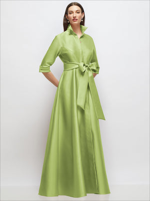 Satin shirt dress gown with sash and jeweled buttons, light green, 3/4 sleeves
