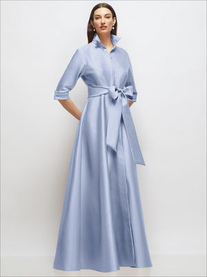 Satin shirt dress with sash and jeweled button front, powder blue, front view, 3/4 sleeves.