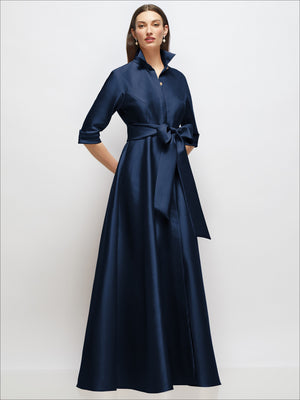 Navy satin shirt dress with bow sash, 3/4 sleeves, jeweled button front