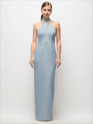 Criss-cross halter open-back crepe column maxi dress, light blue; sleeveless halter column maxi.